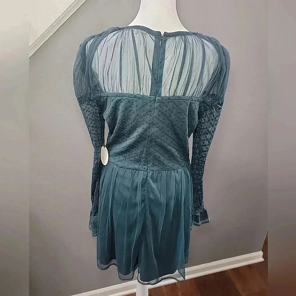 Tularosa Revolve Long-Sleeved Teal Georgette Mini Dress Size Med Romatic Mini - Picture 4 of 5